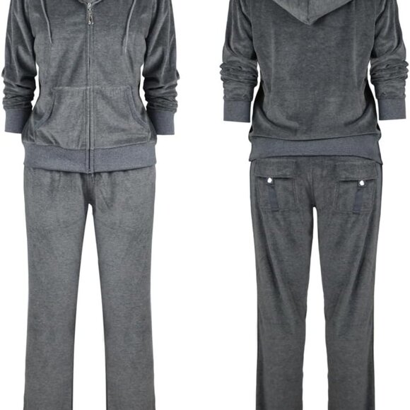 Luxury Velour Women's Tracksuit Set - Cozy Hoodie & Jogger, Size L, Dark Grey - Picture 4 of 5